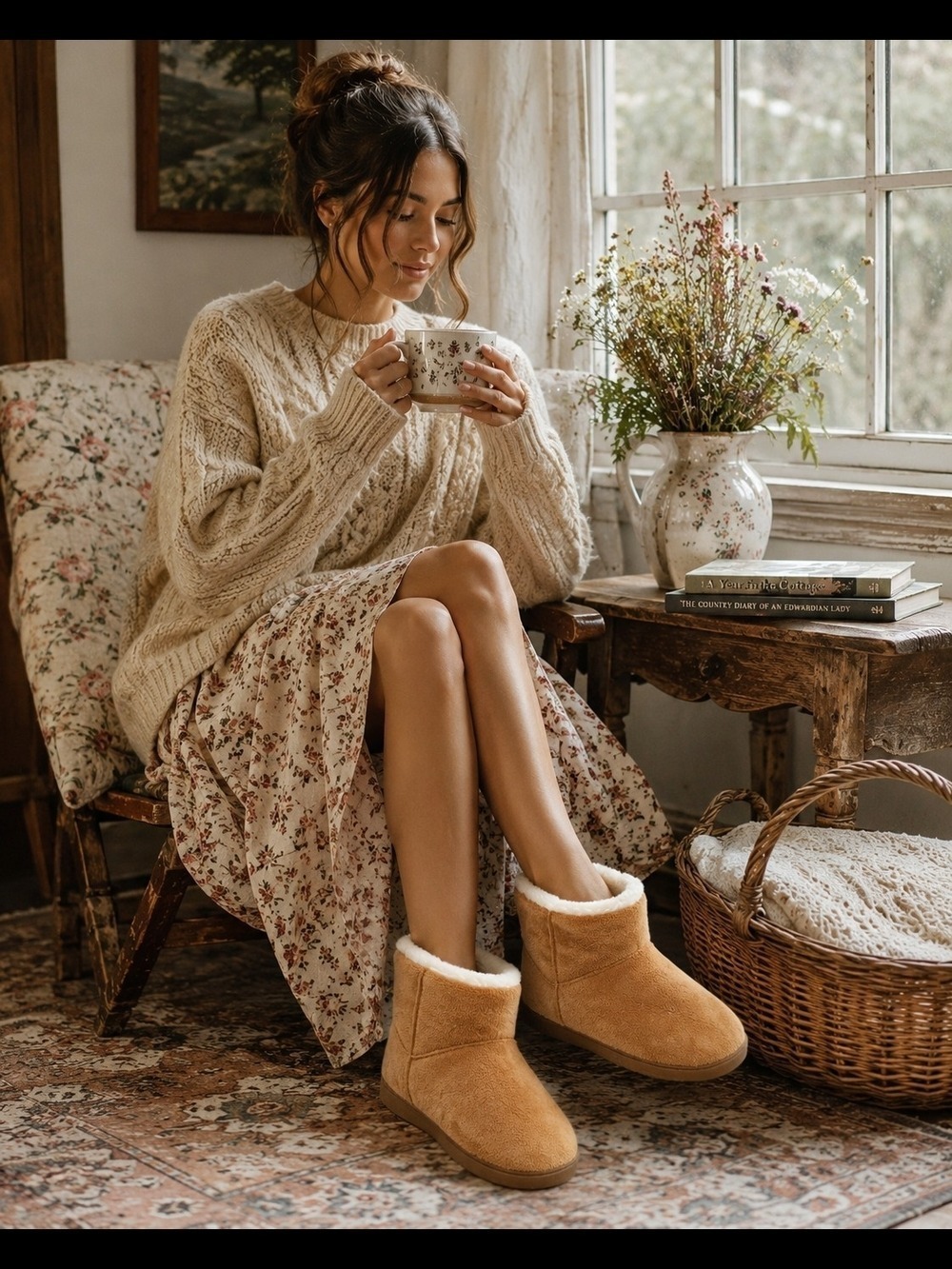 Sherpa Lined Ankle Boot Slippers Womens 7 Camel Brown Cozy Indoor Outdoor